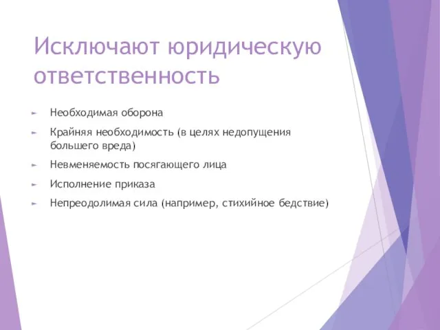 Исключают юридическую ответственность Необходимая оборона Крайняя необходимость (в целях недопущения большего