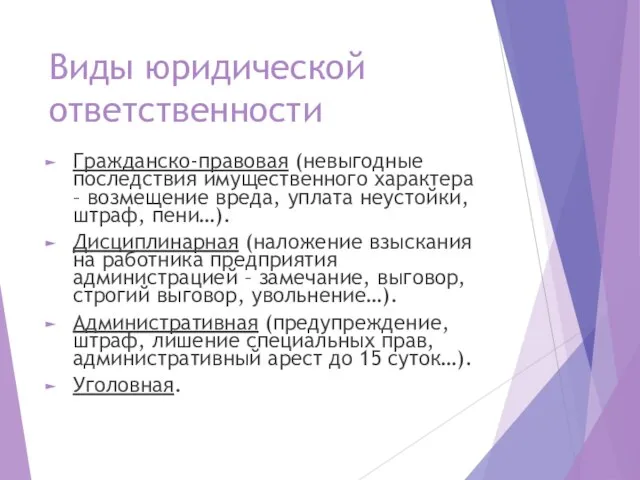 Виды юридической ответственности Гражданско-правовая (невыгодные последствия имущественного характера – возмещение вреда,