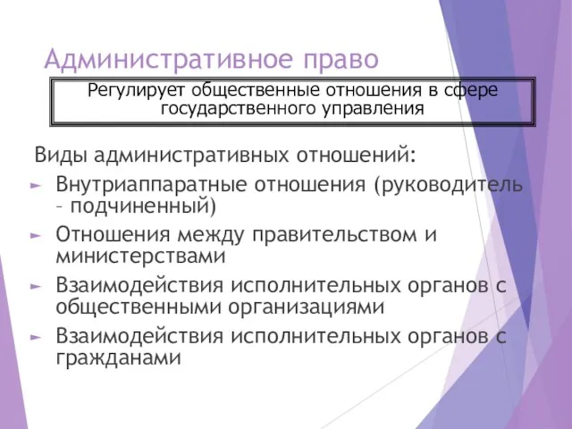 Административное право Виды административных отношений: Внутриаппаратные отношения (руководитель – подчиненный) Отношения