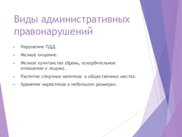 Виды административных правонарушений Нарушение ПДД. Мелкое хищение. Мелкое хулиганство (брань, оскорбительное