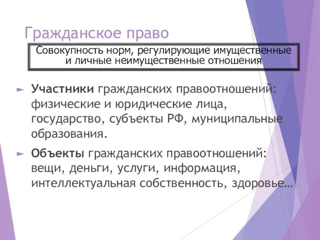 Гражданское право Участники гражданских правоотношений: физические и юридические лица, государство, субъекты