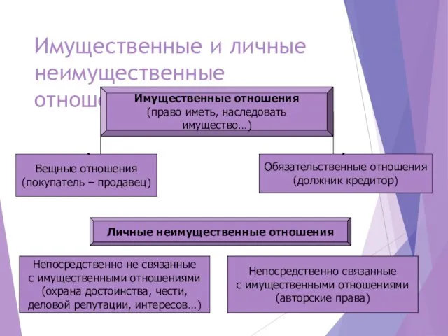 Имущественные и личные неимущественные отношения Имущественные отношения (право иметь, наследовать имущество…)