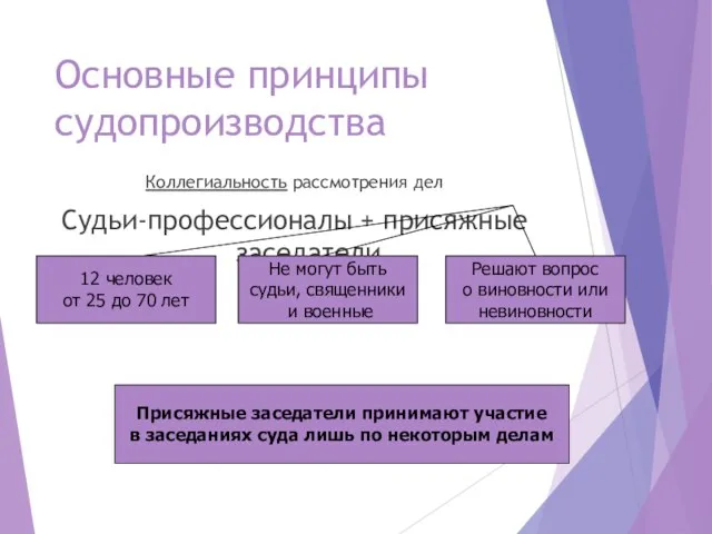 Основные принципы судопроизводства Коллегиальность рассмотрения дел Судьи-профессионалы + присяжные заседатели 12