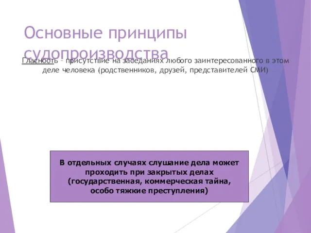 Основные принципы судопроизводства Гласность – присутствие на заседаниях любого заинтересованного в