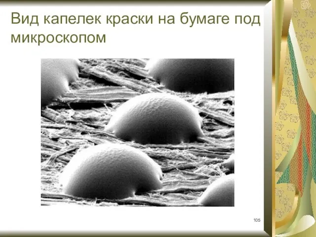 Вид капелек краски на бумаге под микроскопом