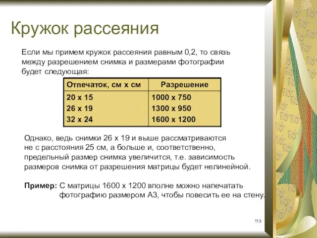 Если мы примем кружок рассеяния равным 0,2, то связь между разрешением