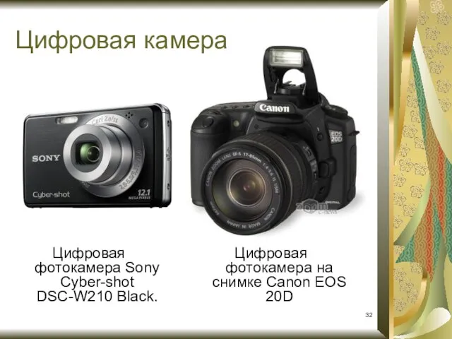 Цифровая фотокамера Sony Cyber-shot DSC-W210 Black. Цифровая камера Цифровая фотокамера на снимке Canon EOS 20D