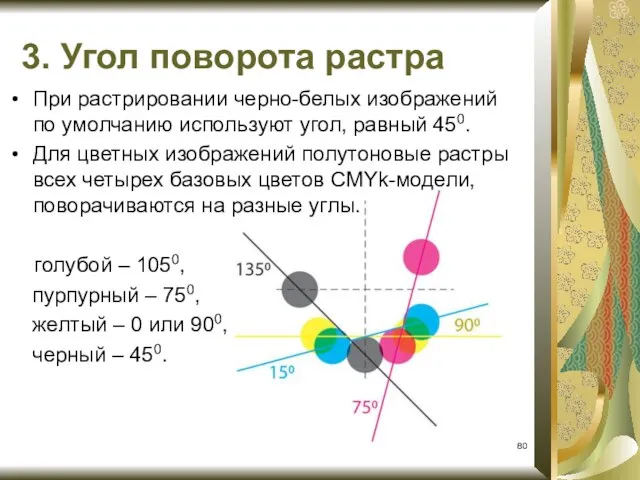 При растрировании черно-белых изображений по умолчанию используют угол, равный 450. Для