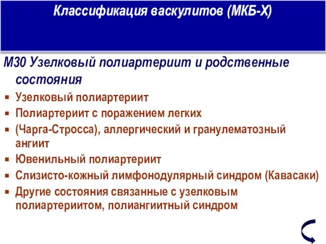 Классификация васкулитов (МКБ-Х) М30 Узелковый полиартериит и родственные состояния Узелковый полиартериит