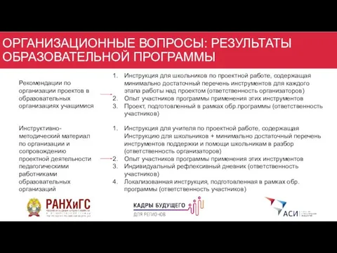 ОРГАНИЗАЦИОННЫЕ ВОПРОСЫ: РЕЗУЛЬТАТЫ ОБРАЗОВАТЕЛЬНОЙ ПРОГРАММЫ Рекомендации по организации проектов в образовательных