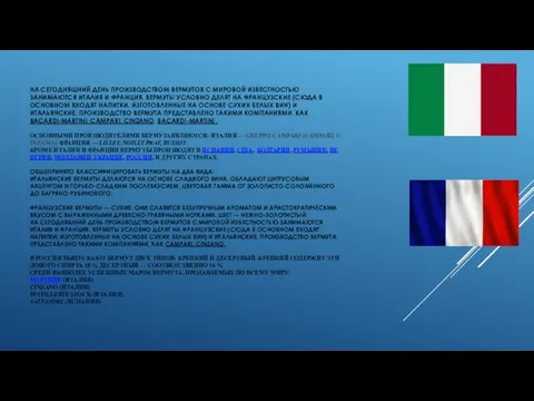 НА СЕГОДНЯШНИЙ ДЕНЬ ПРОИЗВОДСТВОМ ВЕРМУТОВ С МИРОВОЙ ИЗВЕСТНОСТЬЮ ЗАНИМАЮТСЯ ИТАЛИЯ И