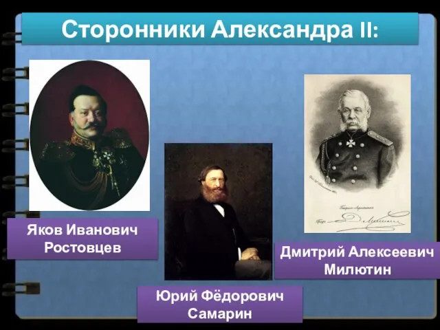 Яков Иванович Ростовцев Дмитрий Алексеевич Милютин Юрий Фёдорович Самарин Сторонники Александра II: