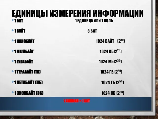 ЕДИНИЦЫ ИЗМЕРЕНИЯ ИНФОРМАЦИИ 1 БИТ 1 ЕДИНИЦА ИЛИ 1 НОЛЬ 1