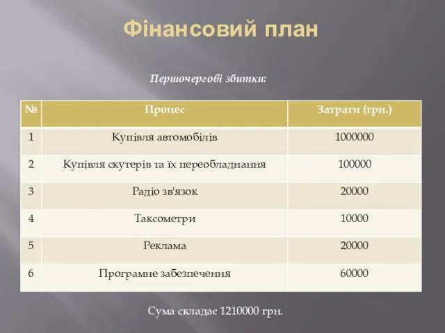 Фінансовий план Першочергові збитки: Сума складає 1210000 грн.