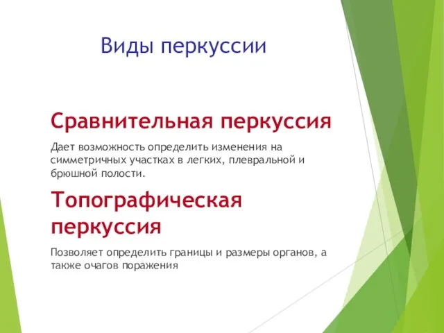 Виды перкуссии Сравнительная перкуссия Дает возможность определить изменения на симметричных участках