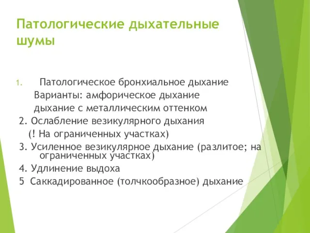 Патологические дыхательные шумы Патологическое бронхиальное дыхание Варианты: амфорическое дыхание дыхание с