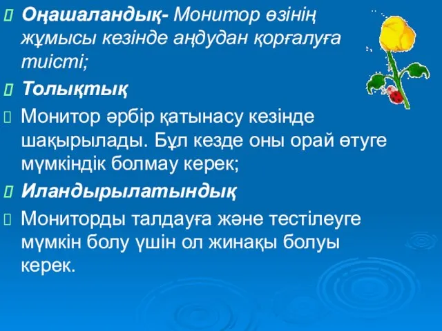 Оңашаландық- Монитор өзінің жұмысы кезінде аңдудан қорғалуға тиісті; Толықтық Монитор әрбір