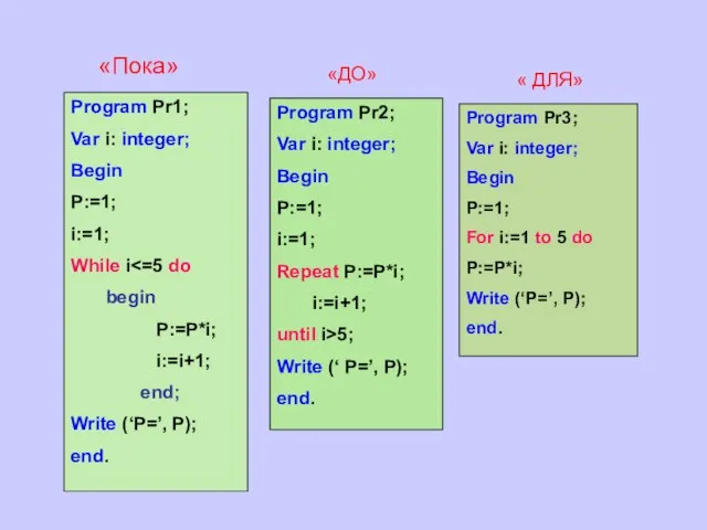 Program Pr1; Var i: integer; Begin P:=1; i:=1; While i begin