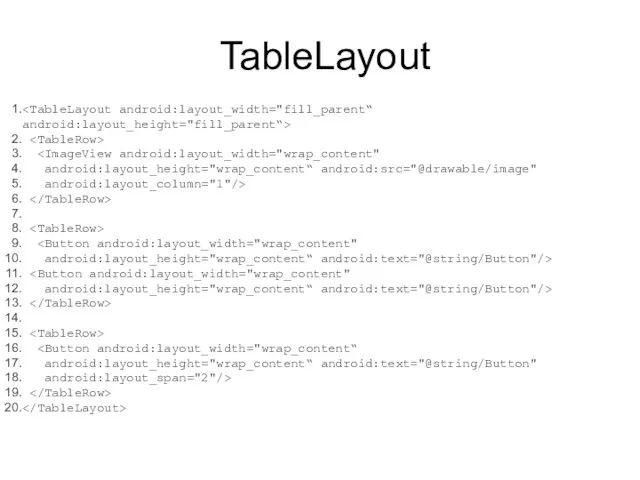 TableLayout android:layout_height="wrap_content“ android:src="@drawable/image" android:layout_column="1"/> android:layout_height="wrap_content“ android:text="@string/Button"/> android:layout_height="wrap_content“ android:text="@string/Button"/> android:layout_height="wrap_content“ android:text="@string/Button" android:layout_span="2"/>