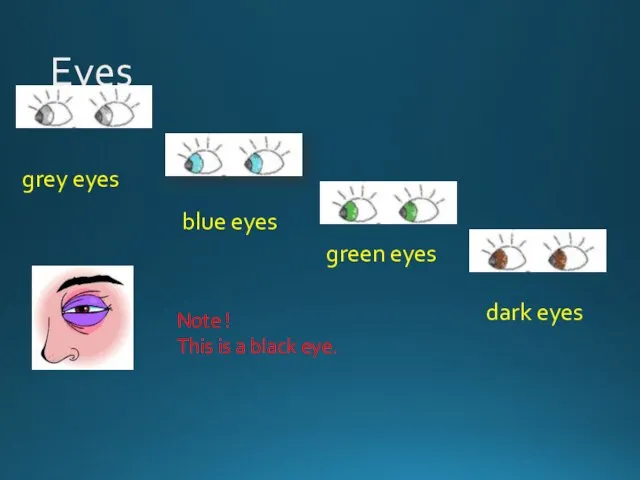 Eyes grey eyes blue eyes green eyes dark eyes Note ! This is a black eye.