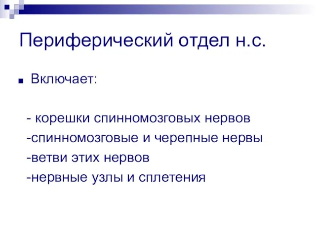 Периферический отдел н.с. Включает: - корешки спинномозговых нервов -спинномозговые и черепные