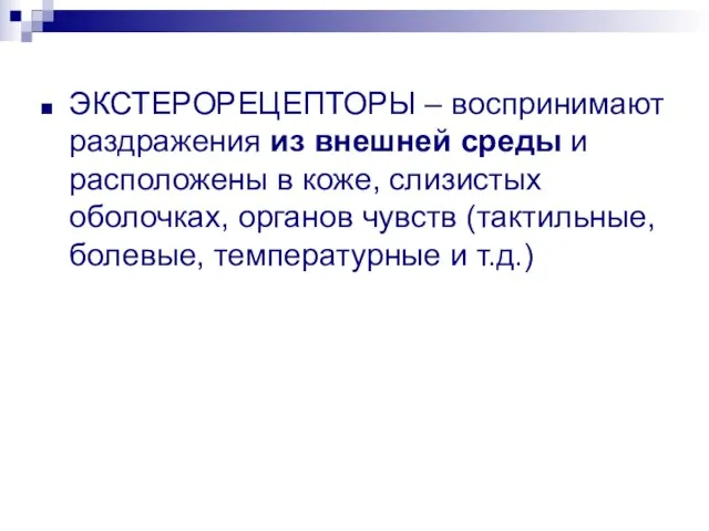 ЭКСТЕРОРЕЦЕПТОРЫ – воспринимают раздражения из внешней среды и расположены в коже,