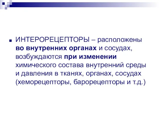 ИНТЕРОРЕЦЕПТОРЫ – расположены во внутренних органах и сосудах, возбуждаются при изменении