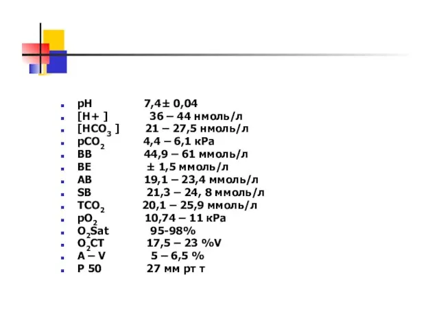 рН 7,4± 0,04 [Н+ ] 36 – 44 нмоль/л [НСО3 ]