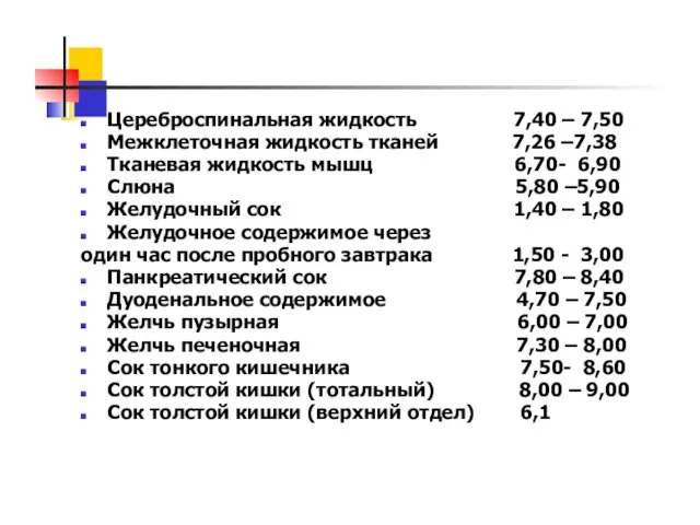 Цереброспинальная жидкость 7,40 – 7,50 Межклеточная жидкость тканей 7,26 –7,38 Тканевая