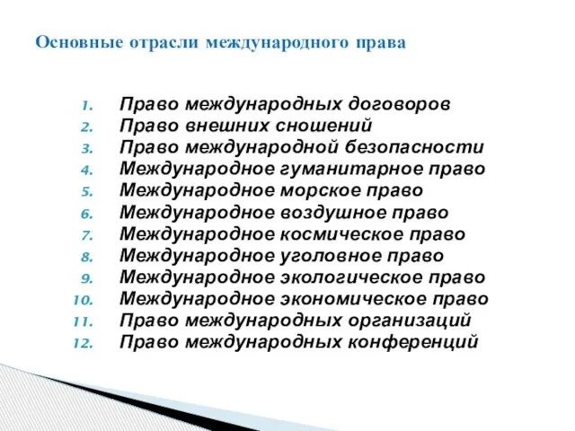 Право международных договоров Право внешних сношений Право международной безопасности Международное гуманитарное