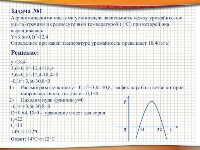 Агрономическими опытами установлена зависимость между урожайностью y(ц/га) гречихи и среднесуточной температурой