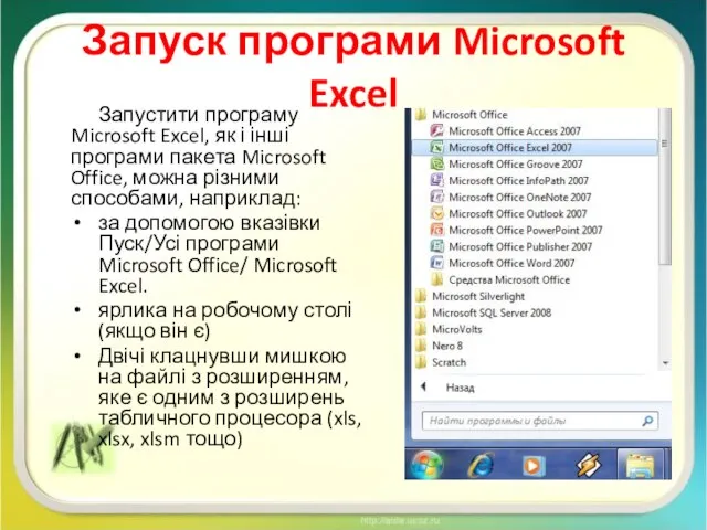 Запуск програми Microsoft Excel Запустити програму Microsoft Excel, як і інші