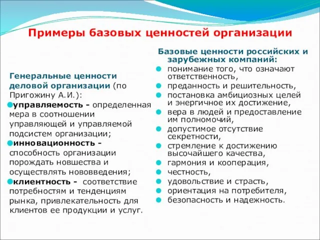 Примеры базовых ценностей организации Генеральные ценности деловой организации (по Пригожину А.И.):