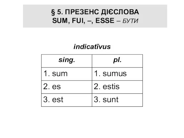 § 5. ПРЕЗЕНС ДІЄСЛОВА SUM, FUI, –, ESSE – БУТИ