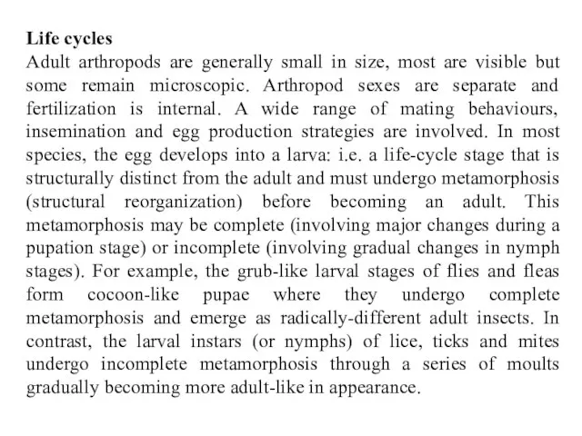 Life cycles Adult arthropods are generally small in size, most are