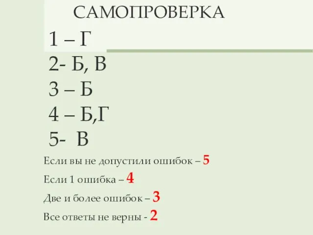 САМОПРОВЕРКА 1 – Г 2- Б, В 3 – Б 4