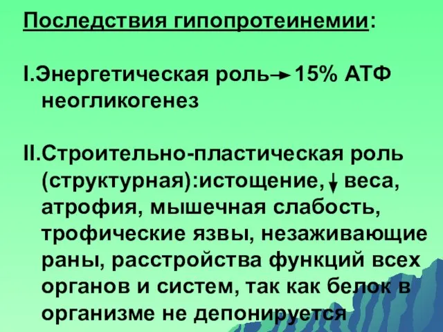 Последствия гипопротеинемии: I.Энергетическая роль 15% АТФ неогликогенез II.Строительно-пластическая роль (структурная):истощение, веса,