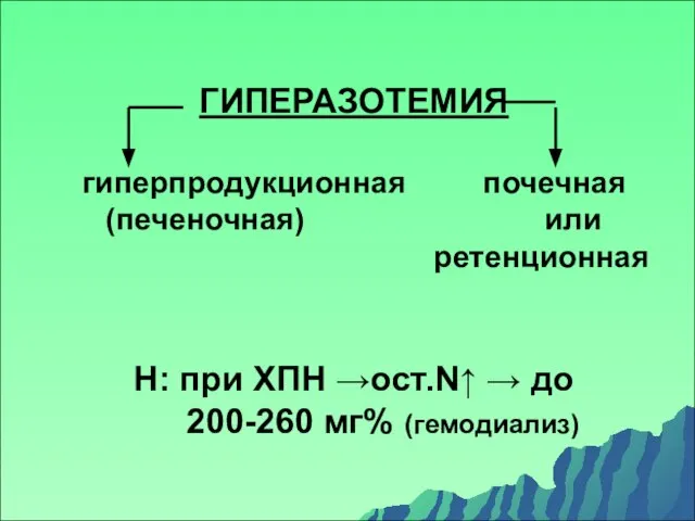 ГИПЕРАЗОТЕМИЯ гиперпродукционная почечная (печеночная) или ретенционная Н: при ХПН →ост.Ν↑ → до 200-260 мг% (гемодиализ)