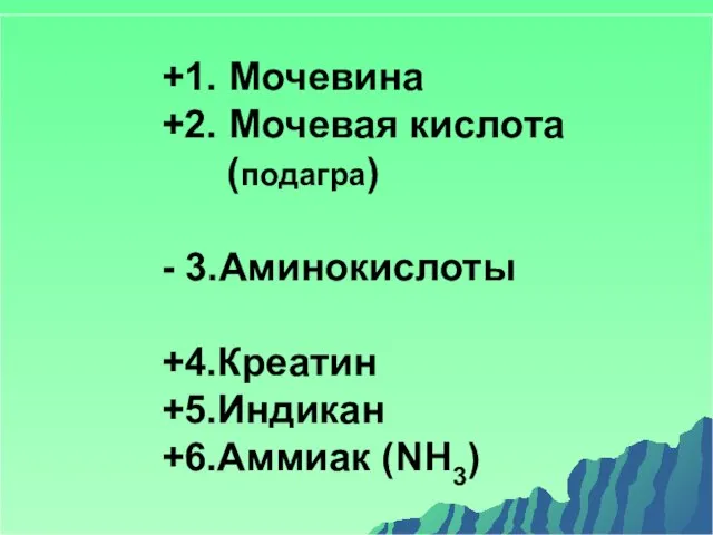 +1. Мочевина +2. Мочевая кислота (подагра) - 3.Аминокислоты +4.Креатин +5.Индикан +6.Аммиак (ΝН3)