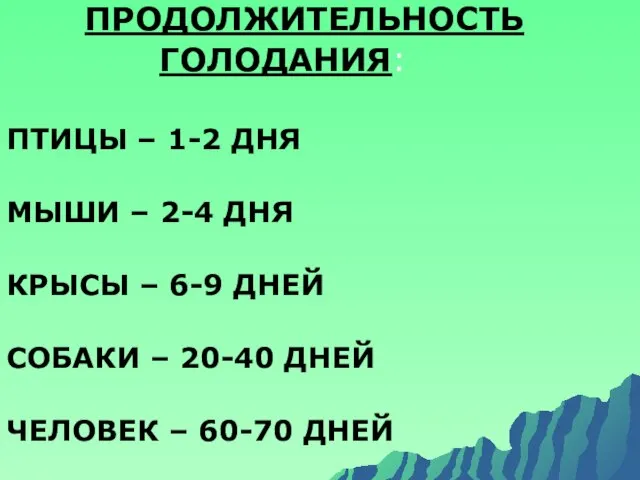 ПРОДОЛЖИТЕЛЬНОСТЬ ГОЛОДАНИЯ: ПТИЦЫ – 1-2 ДНЯ МЫШИ – 2-4 ДНЯ КРЫСЫ