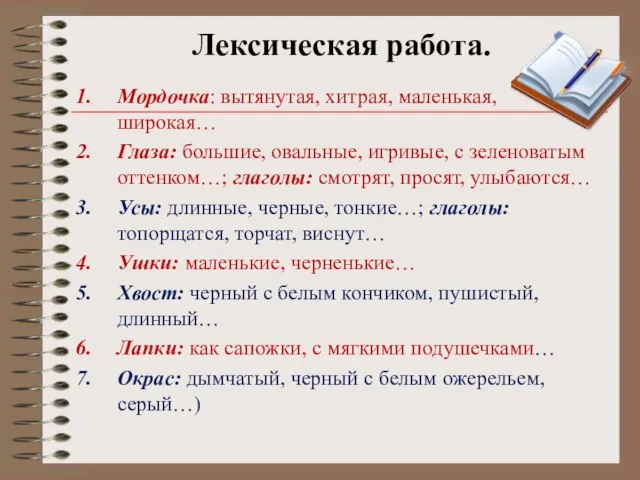 Лексическая работа. Мордочка: вытянутая, хитрая, маленькая, широкая… Глаза: большие, овальные, игривые,