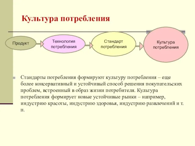 Культура потребления Стандарты потребления формируют культуру потребления – еще более консервативный