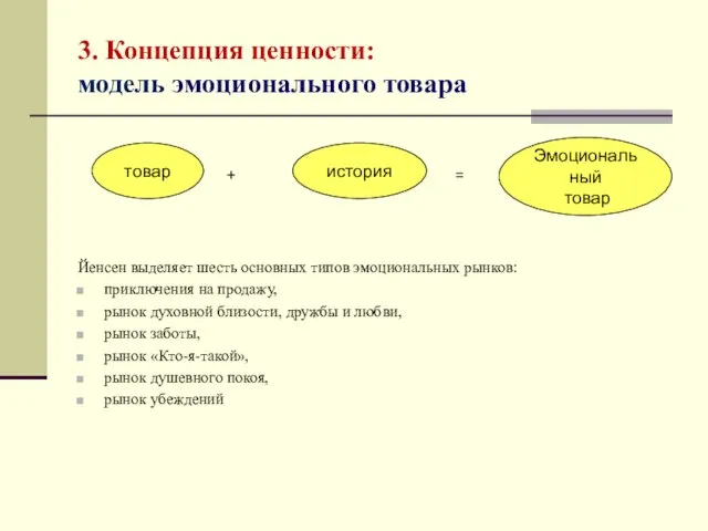 3. Концепция ценности: модель эмоционального товара Йенсен выделяет шесть основных типов