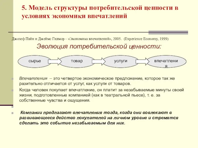 5. Модель структуры потребительской ценности в условиях экономики впечатлений Джозеф Пайн