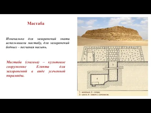 Изначально для захоронений знати использовали мастабу, для захоронений бедных – песчаная