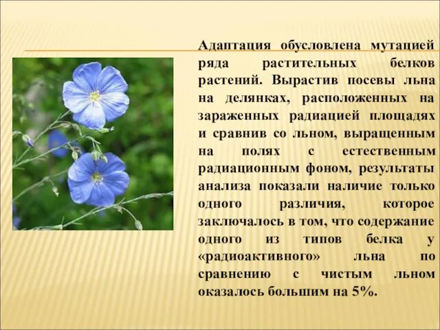 Адаптация обусловлена мутацией ряда растительных белков растений. Вырастив посевы льна на