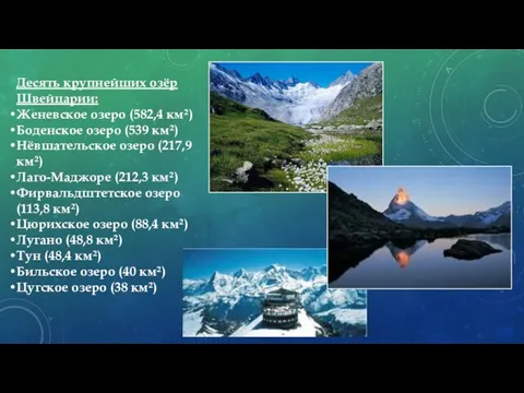 Десять крупнейших озёр Швейцарии: Женевское озеро (582,4 км²) Боденское озеро (539
