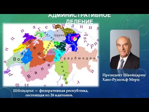 АДМИНИСТРАТИВНОЕ ДЕЛЕНИЕ Швейцария — федеративная республика, состоящая из 26 кантонов. Президент Швейцарии Ханс-Рудольф Мерц