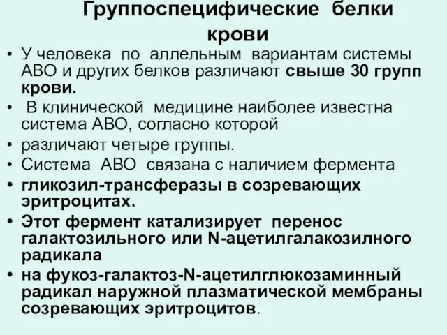 Группоспецифические белки крови У человека по аллельным вариантам системы АВО и