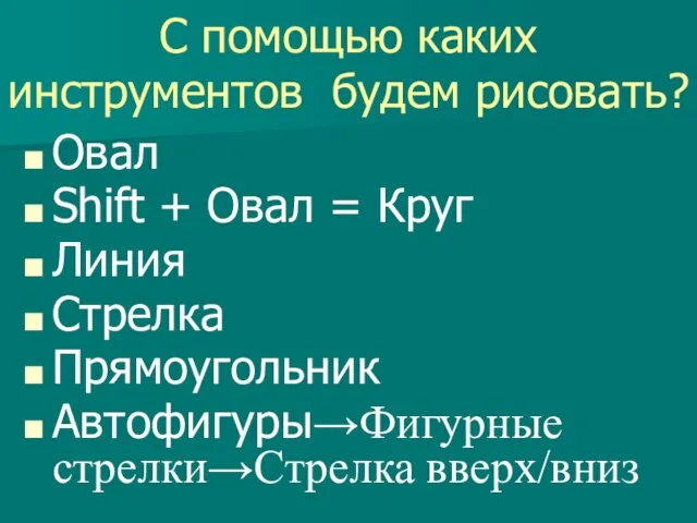 С помощью каких инструментов будем рисовать? Овал Shift + Овал =